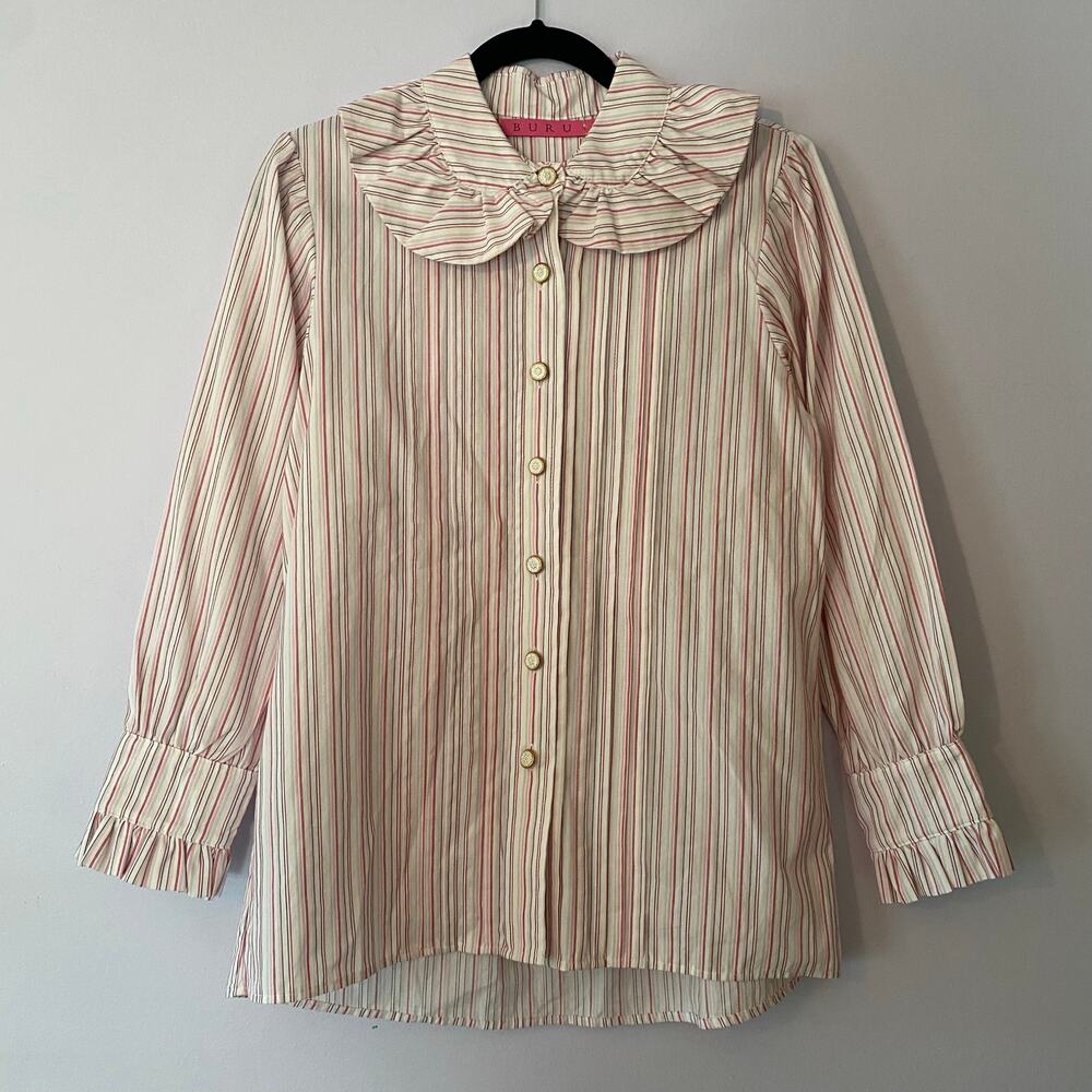 Buru Pink Cream Stripe Peter Pan Collar Button Down Blouse Ruffle Pearl Gold 🩷M